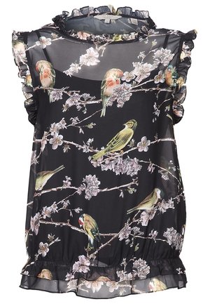 Blouse noire sans manches avec bords froncés, décorée de fleurs de cerisier roses et d'oiseaux multicolores sur des branches.