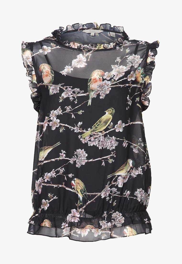 Blouse noire sans manches avec bords froncés, décorée de fleurs de cerisier roses et d'oiseaux multicolores sur des branches.