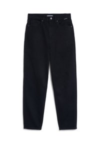 Jean noir taille haute, coupe droite avec bouton à l'avant, passants de ceinture, poches avant et arrière portant l'inscription "ARMEDANGELS."