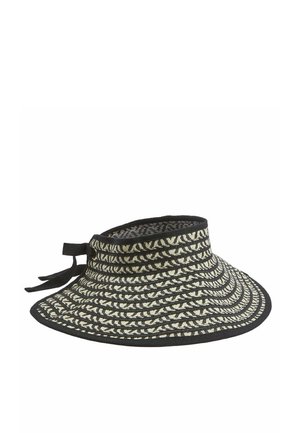 Visiera da sole intrecciata nera e beige con ampia tesa e laccio in tessuto sul retro per una vestibilità regolabile.