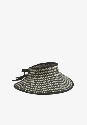 Visera de sol tejida en negro y beige con ala ancha y un lazo de tela en la parte trasera para un ajuste regulable.