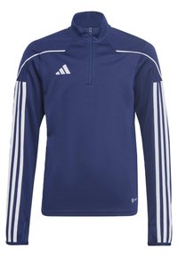 Giacca sportiva a pullover blu navy realizzata in tessuto liscio con mezza zip, pannelli sulle spalle testurizzati e strisce bianche sui maniche.