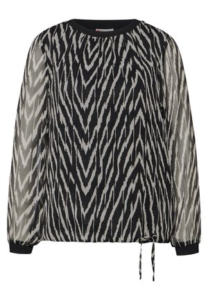 Schwarz-weiß gestreifte Bluse im Chevron-Muster mit semi-transparenten Ärmeln, Rundhalsausschnitt, elastischen Bündchen und verstellbarem Bindeband am Saum.