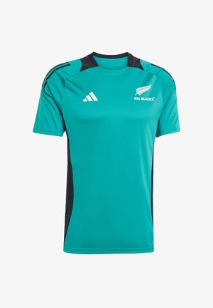 Turquoise sports jersey made of lightweight fabric. Features black accents on shoulders, with All Blacks logo and three-stripe Adidas design.