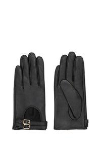Gants en cuir noir avec une texture lisse, trois doigts allongés et un design de poignet ouvert, arborant un accent de boucle décoratif.