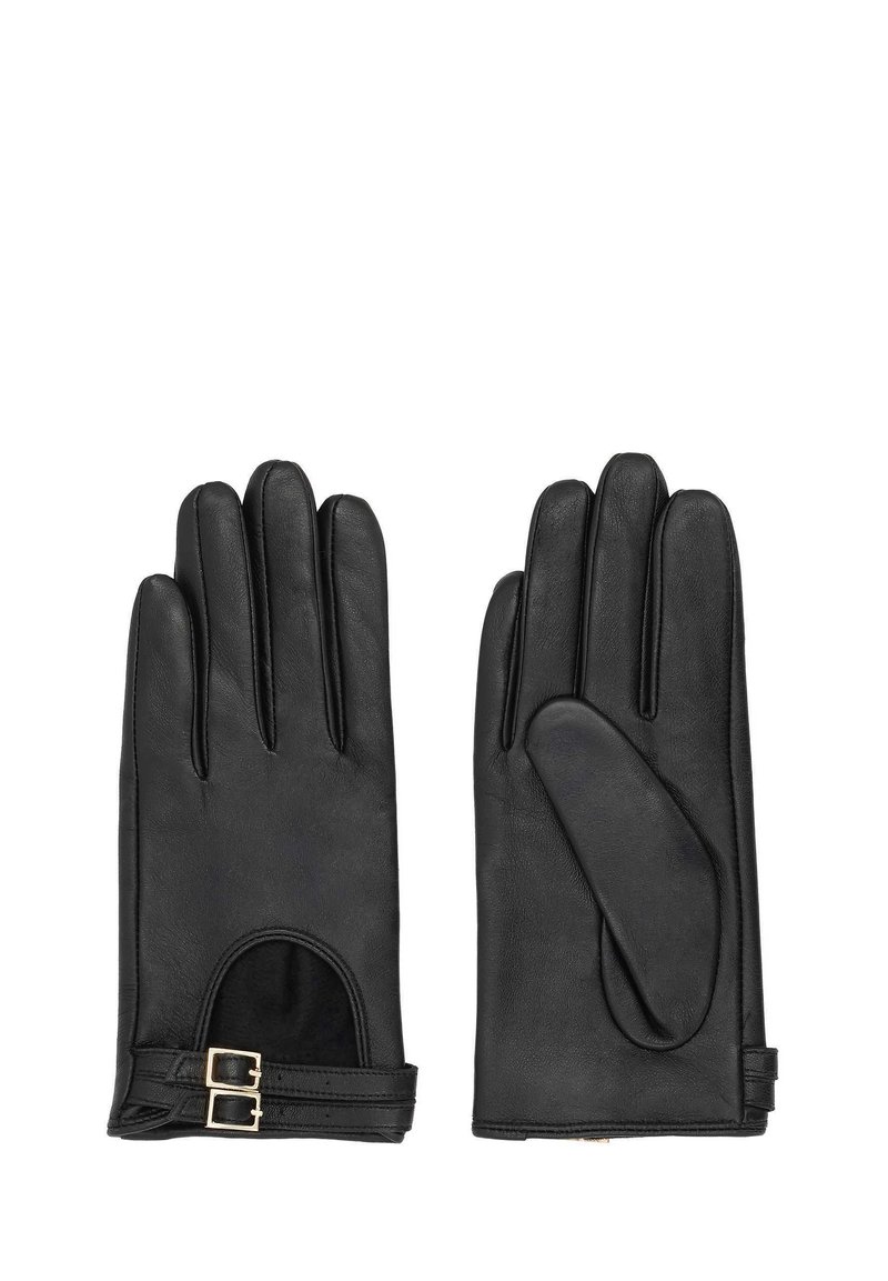 Gants en cuir noir avec une texture lisse, trois doigts allongés et un design de poignet ouvert, arborant un accent de boucle décoratif.