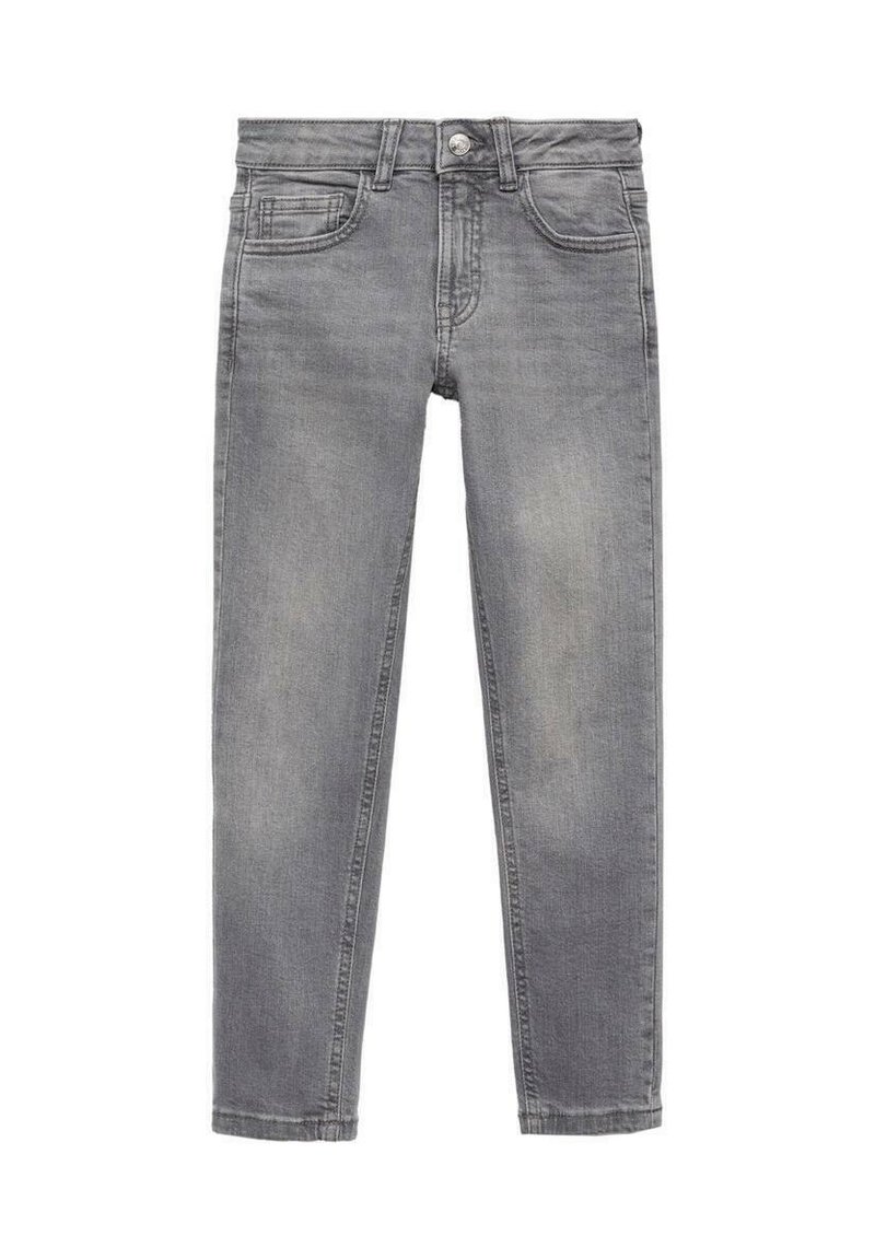 Sive jeans z ravnim krojem, z gumbom, petimi žepi in subtilnim whiskeringom za teksturo.