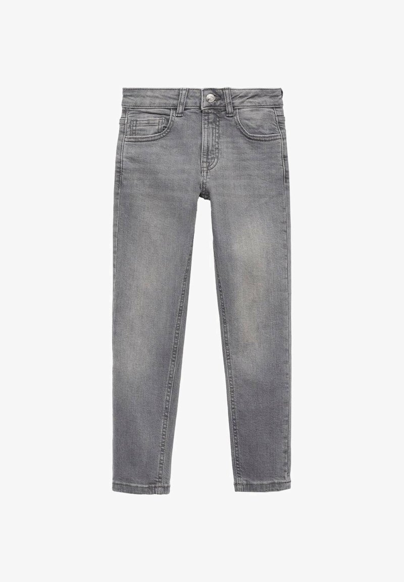 Sive jeans z ravnim krojem, z gumbom, petimi žepi in subtilnim whiskeringom za teksturo.