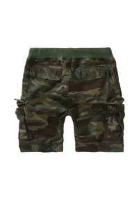 Šortai maskuojamosios žalios ir rudos spalvų raštu, su žalia elastinga liemens juosta ir šoninėmis krovininėmis kišenėmis su sagomis.