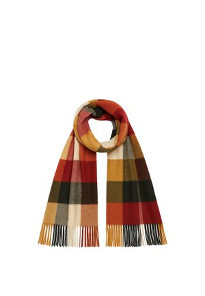 Soft wool scarf with large plaid pattern in red, mustard, beige, black, and brown, featuring fringed ends.