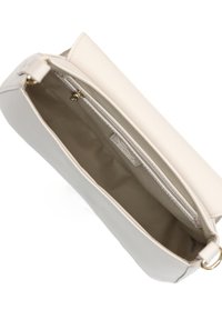 Borsa a mano beige chiaro con finitura in pelle liscia, una tasca con zip e un design minimalista. L'interno presenta un rivestimento morbido.