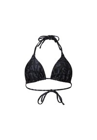 Top bikini nero con coppe triangolari, legacci regolabili al collo e dietro, con un motivo sottile della parola "SAINT" in tonalità scure.
