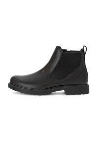 Zwarte Chelsea-boots van glad leer met ribbel-elastische zijpanelen, een ronde neus, een trekloopje en een gestructureerde rubberen zool voor grip.