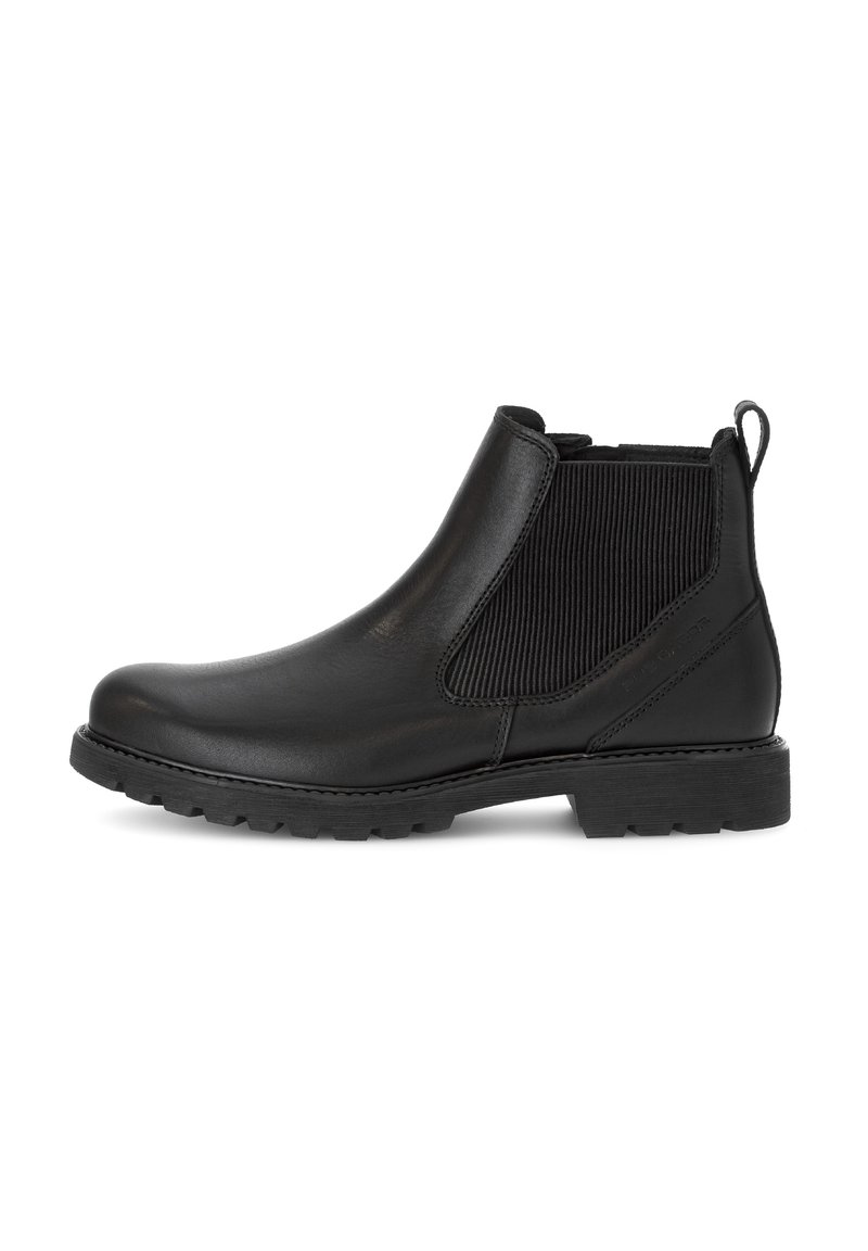Zwarte Chelsea-boots van glad leer met ribbel-elastische zijpanelen, een ronde neus, een trekloopje en een gestructureerde rubberen zool voor grip.