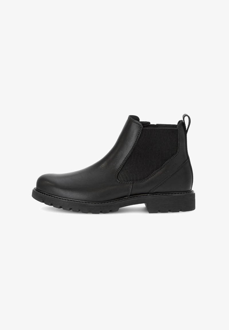 Zwarte Chelsea-boots van glad leer met ribbel-elastische zijpanelen, een ronde neus, een trekloopje en een gestructureerde rubberen zool voor grip.