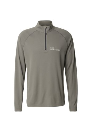 Grijze pullover met een rits tot een kwart van de lengte, voorzien van een gestructureerde stof, lange mouwen en 'HALO 19681972' gedrukt op de linkerborst.