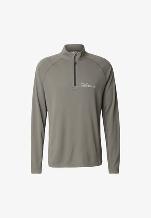 Grijze pullover met een rits tot een kwart van de lengte, voorzien van een gestructureerde stof, lange mouwen en 'HALO 19681972' gedrukt op de linkerborst.