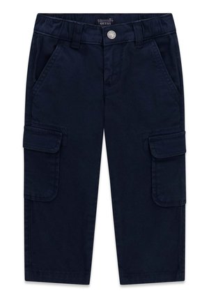 Dunkel marineblaue Cargohose mit Fronttaschen, seitlichen Klappentaschen, Gürtelschlaufen und einem Knopfverschluss in der Taille.