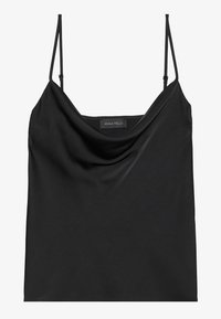 Haut caraco noir avec bretelles fines réglables, un col bénitier drapé et un tissu léger et lisse, doté d'un design simple et sans ornement.