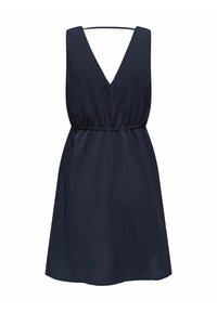 Marineblaue ärmellose Kleid mit V-Ausschnitt, elastischem Bund und fließendem Rock. Glattes Gewebe ohne sichtbare Muster oder Verzierungen.