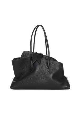 Borsa tote in pelle nera testurizzata con doppi manici a spalla e chiusura centrale a zip, in piedi su uno sfondo bianco.