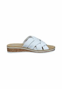 White leather slide sandal with crisscross straps, cork platform, and rubber sole; textured footbed for cushioning; minimalistic design.
