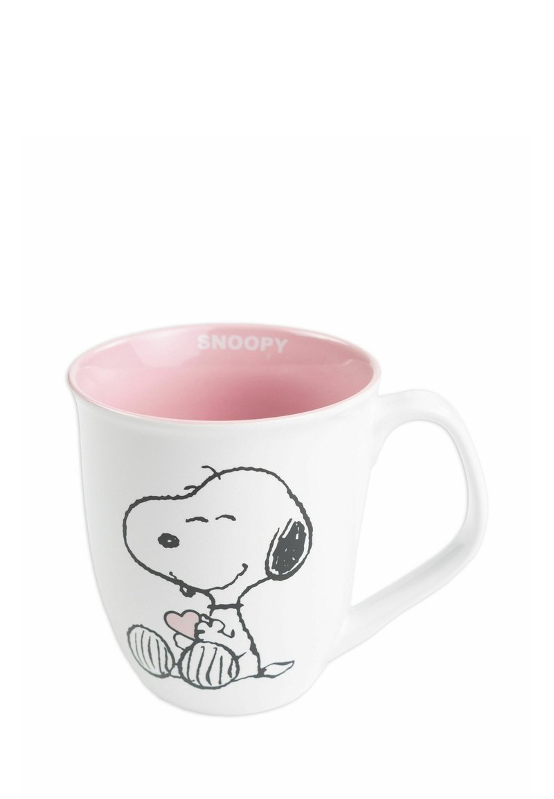 Tazza in ceramica bianca con forma arrotondata, interno rosa e un'illustrazione in outline nera di Snoopy che tiene un cuore. "SNOOPY" stampato all'interno.