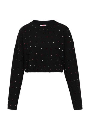 Pulover scurt, cu mânecă lungă, de culoare neagră, cu puncte colorate mici dispuse uniform pe țesătură.