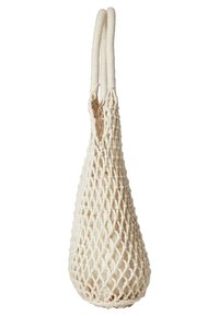 White netted tote bag with two handles, made from woven fabric, featuring a tapered shape and open weave design. Smooth texture throughout.