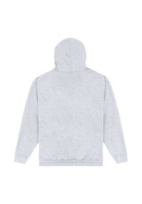 Felpa grigia con cappuccio regolabile, maniche lunghe e polsini a coste. Il materiale sembra morbido e texturizzato, offrendo una vestibilità comoda.