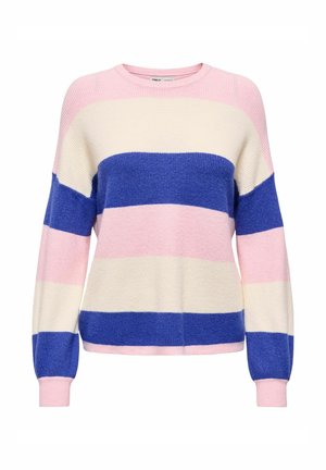 Pull en maille à manches longues avec larges rayures horizontales rose, crème et bleu, doté d'un col rond et de poignets côtelés.