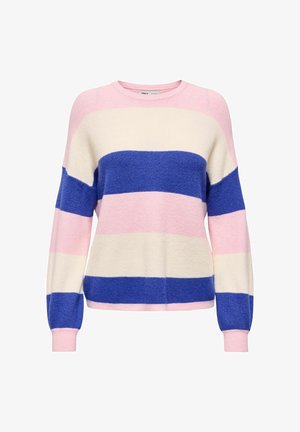 Suéter de punto de manga larga con anchas rayas horizontales en rosa, crema y azul, con cuello redondo y puños acanalados.