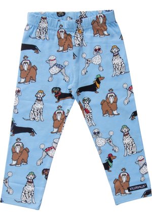 Jasnoniebieskie dziecięce spodnie z wzorami kreskówkowych psów, w tym dalmatyńczyków, pudli, jamników i kudłatych ras noszących akcesoria.