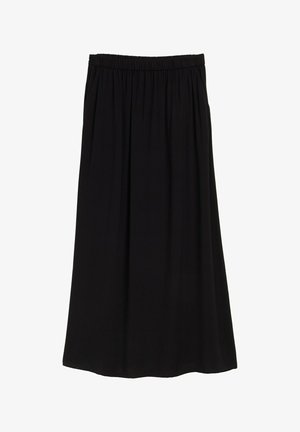 Fustă midi neagră din material ușor, cu o talie elastică și pliseuri verticale pentru un plus de textură și fluiditate.