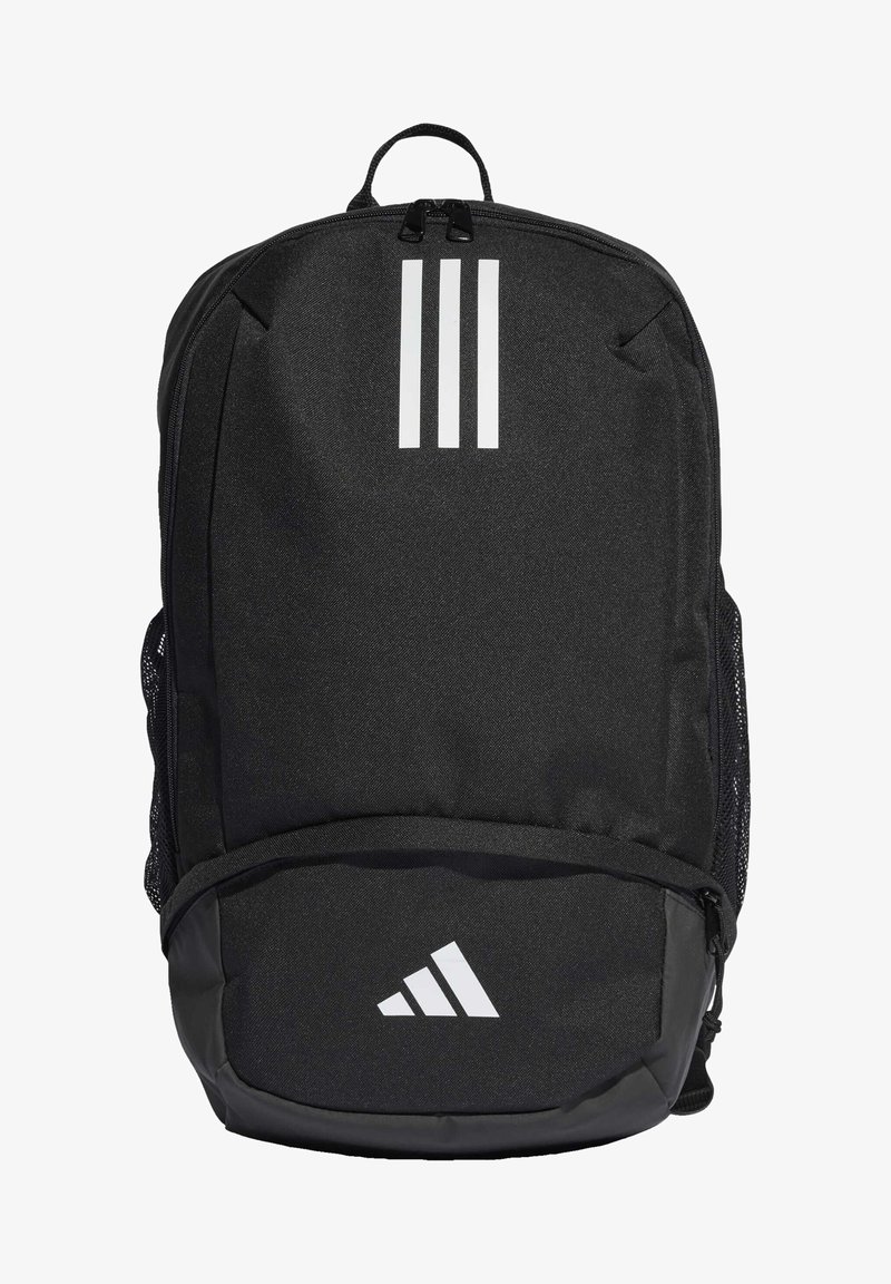 Black backpack made of durable fabric. Features three vertical white stripes on the front, mesh side pockets, and a logo at the bottom.