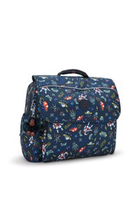 Marineblauer Rucksack mit bunten, raumthemenbezogenen Grafiken. Verfügt über eine Frontklappe, einen Griff an der Oberseite, eine Seitentasche und einen plüschigen Affen-Schlüsselanhänger.