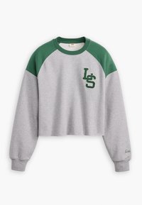 Sweat-shirt gris court avec manches raglan vertes. Présente un logo brodé "LS" en vert et une texture subtile. Les poignets sont côtelés.