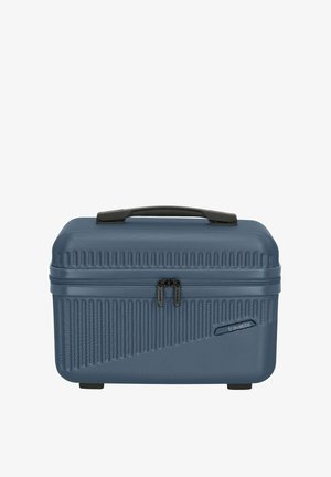 Blauwe harde koffer met een textuur op het oppervlak, geribbeld ontwerp, bovenhandgreep, dubbele ritsen en een merkaccent aan de zijkant.