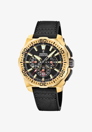 Orologio in acciaio inossidabile dorato con quadrante nero, lancette luminose e cinturino in pelle nera. Presenta diversi sotto-quadranti e una finestra della data alle 6.