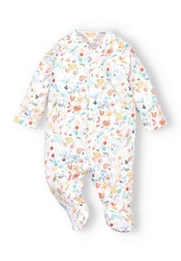 Langärmliger Baby-Body aus weicher Baumwolle, mit einem bunten Blumenmuster auf weißem Hintergrund und Druckknopfverschlüssen vorne.