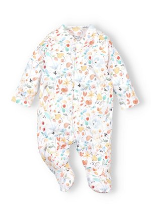 Langärmliger Baby-Body aus weicher Baumwolle, mit einem bunten Blumenmuster auf weißem Hintergrund und Druckknopfverschlüssen vorne.