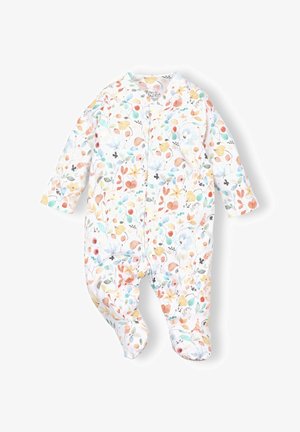 Langsleeve baby onesie van zacht katoen, met een multikleuren bloemenprint op een witte achtergrond en drukknoopsluitingen aan de voorkant.