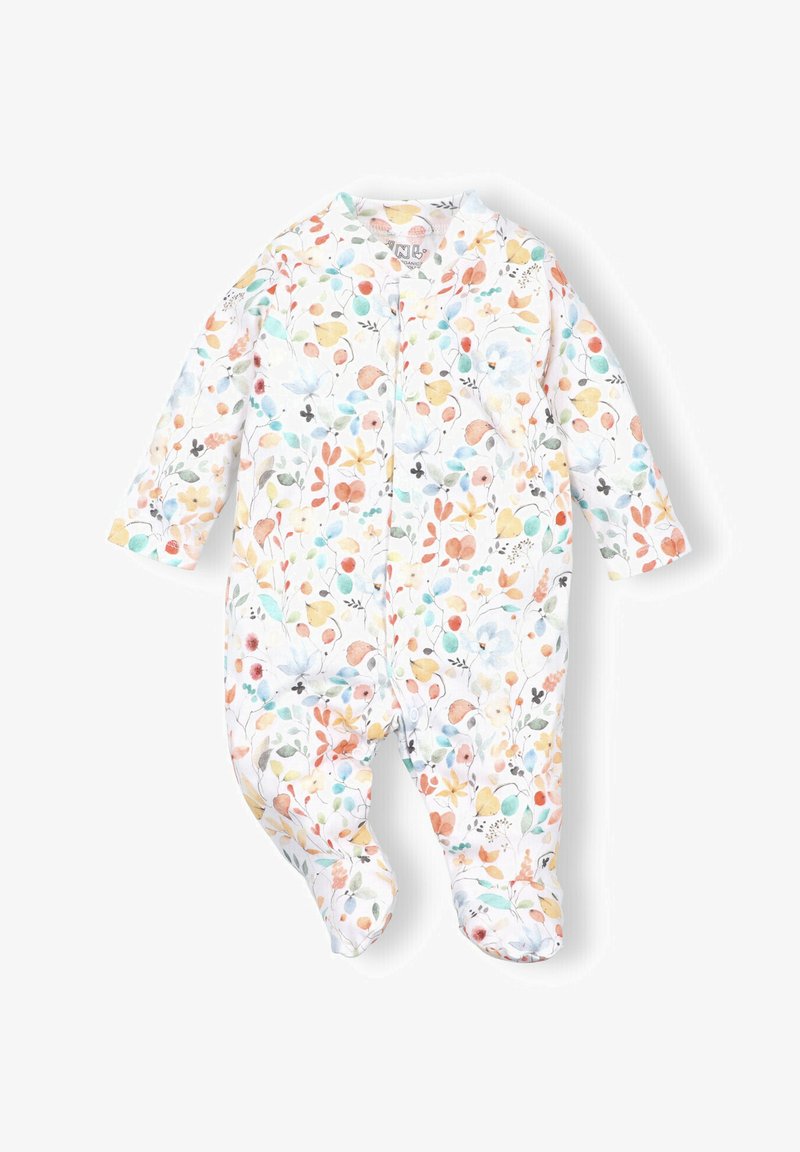 Pitkähihaisessa vauvan bodyssa on pehmeää puuvillaa, ja siinä on monivärinen kukkakuosi valkoisella taustalla. Edessä on nepparit.