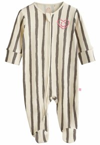 Stribet babyonesie i creme og grå. Har lange ærmer, foddesign og en frontlynlås. Inkluderer en lyserød hjerteaccent.
