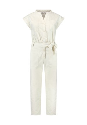 Krēmkrāsas kombinezons ar īsām piedurknēm, ar pogām, divām krūšu kabatām, jostu viduklī un sašaurinātiem kājām, izgatavots no viegla auduma.