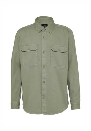 Olijf groene button-up shirt gemaakt van zachte stof. Bevat een klassieke kraag, lange mouwen en twee voorkruizen met kleppen.