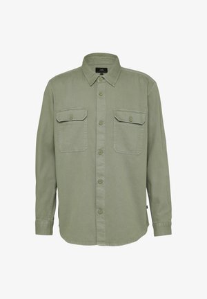 Olijf groene button-up shirt gemaakt van zachte stof. Bevat een klassieke kraag, lange mouwen en twee voorkruizen met kleppen.
