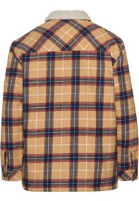 Brown plaid shirt with a soft, beige shearling collar. Features intersecting lines in navy, red, and white. Buttoned sleeves.