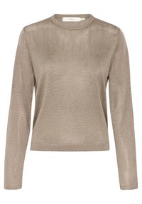Haut à manches longues beige métallisé avec un col rond, un léger éclat et un ourlet droit, présenté sur fond blanc.
