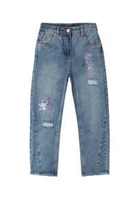 Jeans in denim azzurro chiaro con taglio dritto, caratterizzati da elementi strappati e dettagli di schizzi di vernice viola sulla gamba sinistra.